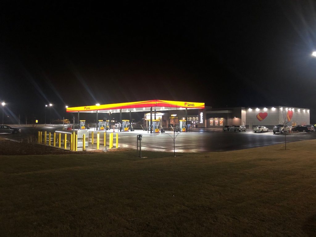 Gas station at night.