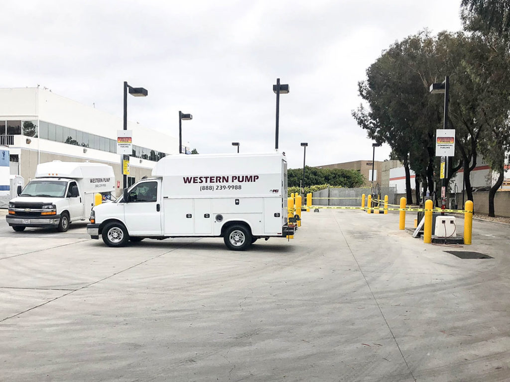Western Pump service trucks in preparation for a gas station maintenance service
