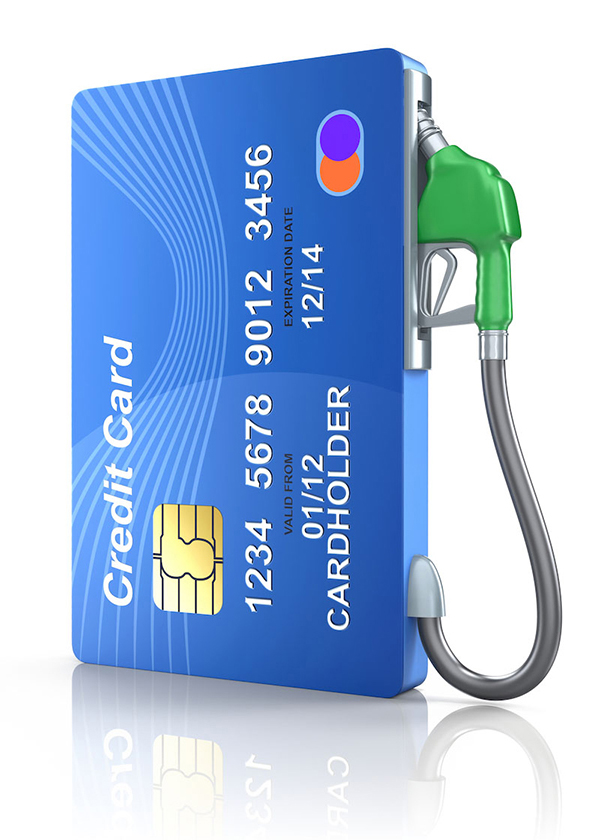 A image of a credit card with a gas pump nozzle attached to it, symbolizing the connection between fuel purchases and credit card payments.