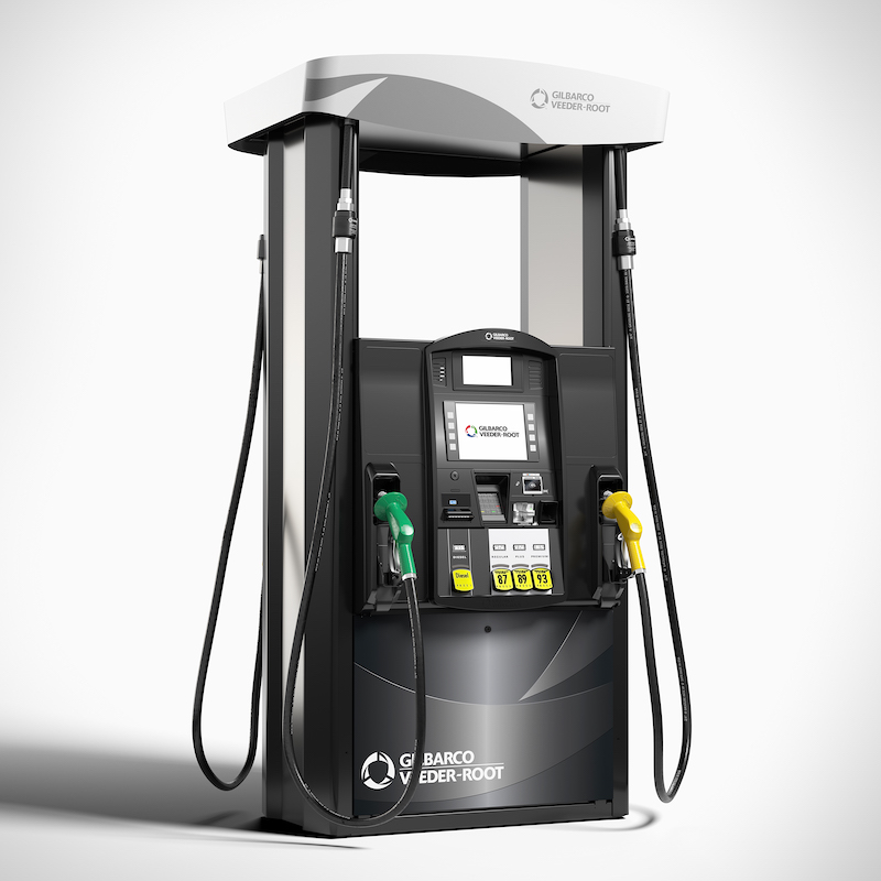 A modern fuel dispenser from Gilbarco Veeder-Root, with multiple nozzles for different fuel types, against a white background.
