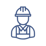Icon of a pixelated blue construction worker with a safety helmet, representing labor or manual work