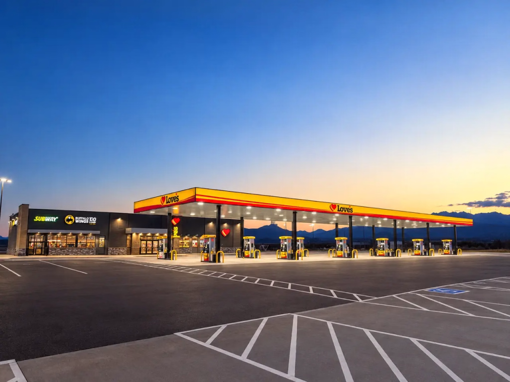 A Love’s Travel Stop in Kingman AZ, with a Subway and Hardee’s, glows at dusk—empty parking spots and fuel pumps awaiting travelers.